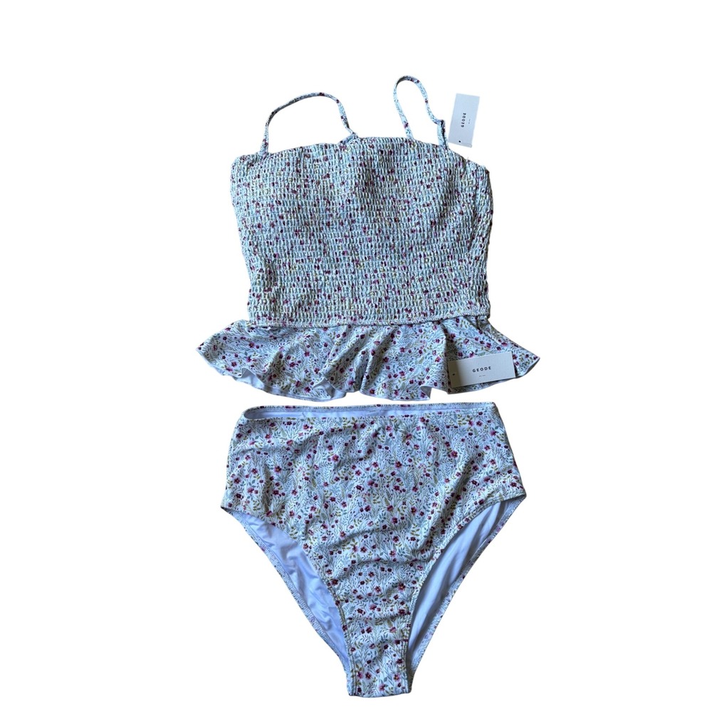 Geode Womens Swimsuit XXL Amelia Smocked‎ Peplum Floral High Waist Bikini Set